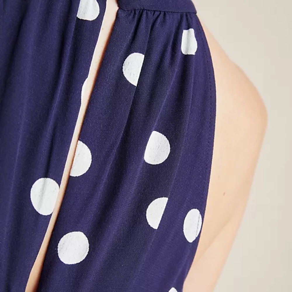 Large Anthropologie Maddie halter romper Navy blue White Polka Dot shorts - Picture 3 of 16